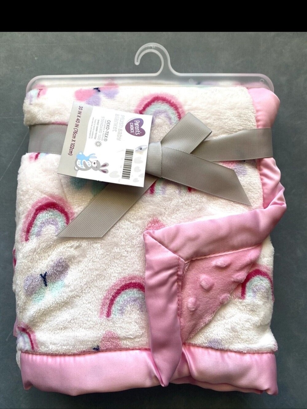 Parent's Choice Plush Pink Rainbow Baby Blanket Satin Trim Butterflies
